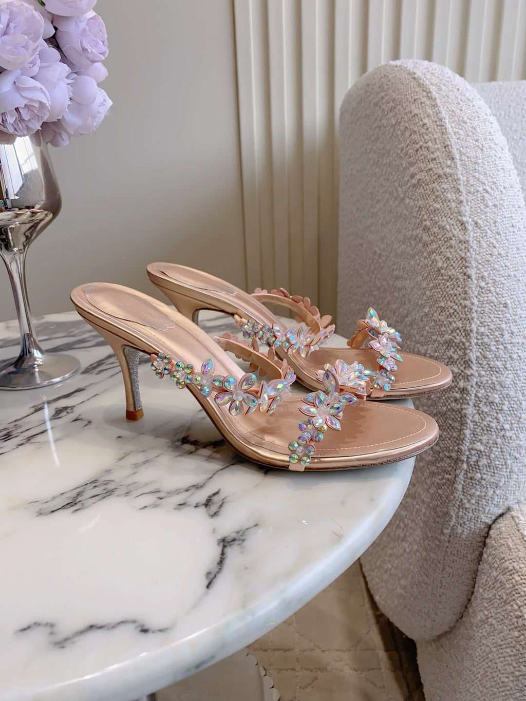 RENE CAOVILLA 26S HEEL SANDALS 65 MM IN ROSE GOLD LAMBSKIN CRYSTAL FLOWER EMBELLISHMENTS