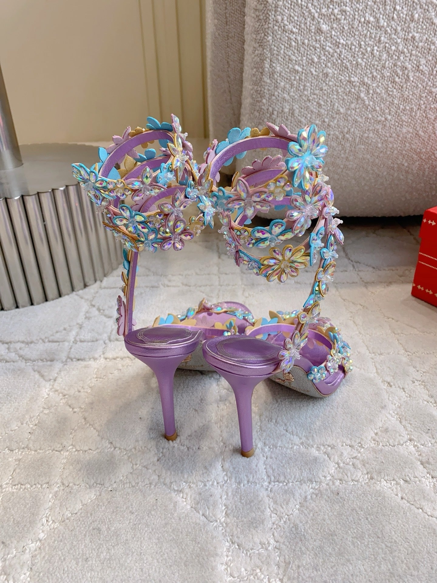 RENE CAOVILLA 26S HEEL SANDALS 95 MM IN METALLIC PURPLE LAMBSKIN CRYSTAL FLOWER EMBELLISHMENTS
