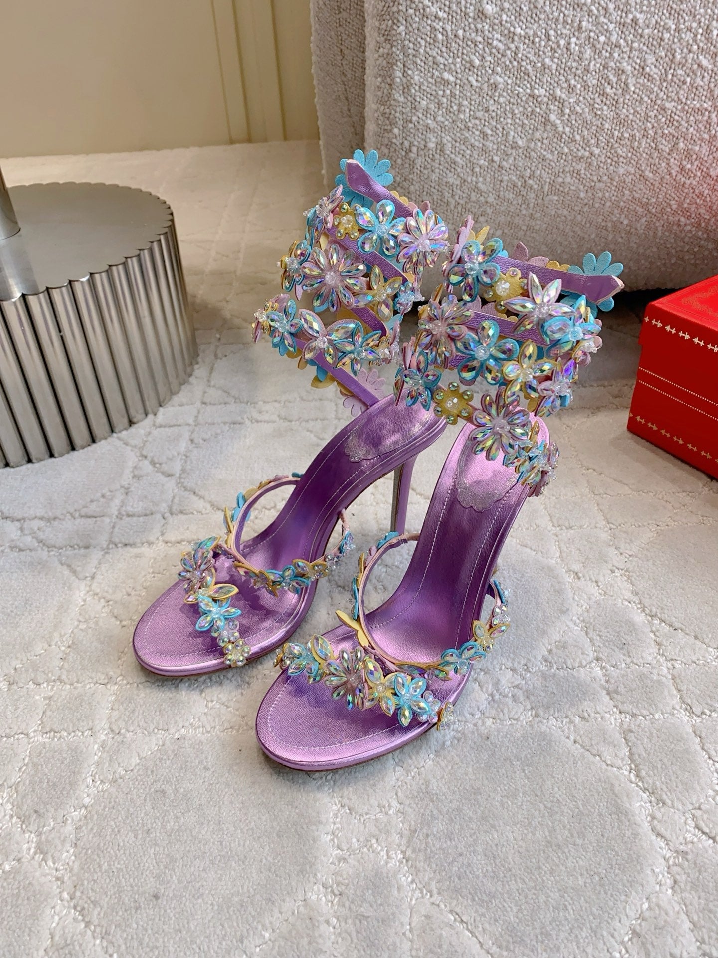 RENE CAOVILLA 26S HEEL SANDALS 95 MM IN METALLIC PURPLE LAMBSKIN CRYSTAL FLOWER EMBELLISHMENTS