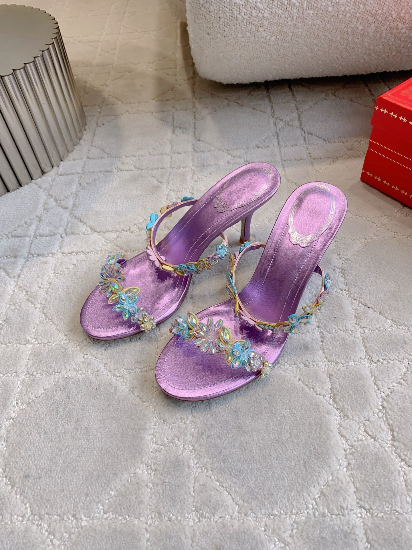 RENE CAOVILLA 26S HEEL SANDALS 65 MM IN METALLIC PURPLE LAMBSKIN CRYSTAL FLOWER EMBELLISHMENTS
