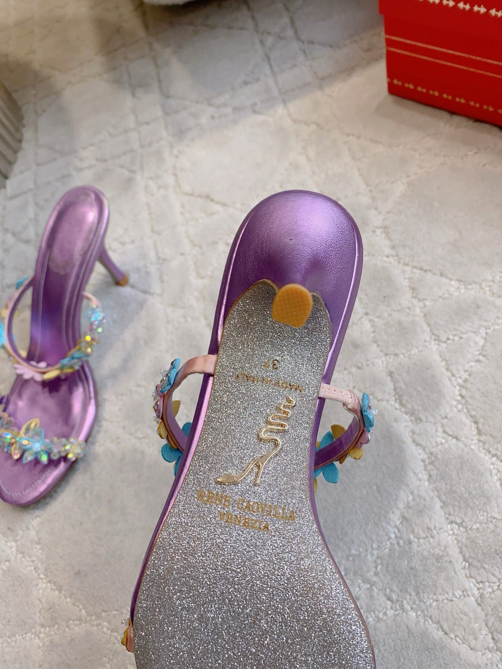 RENE CAOVILLA 26S HEEL SANDALS 65 MM IN METALLIC PURPLE LAMBSKIN CRYSTAL FLOWER EMBELLISHMENTS