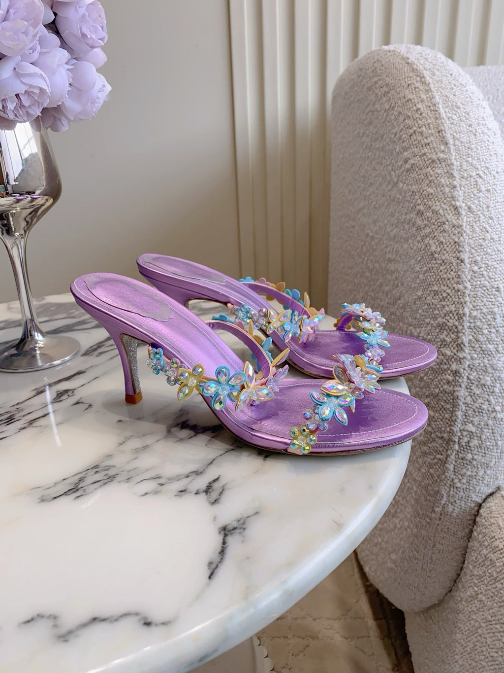 RENE CAOVILLA 26S HEEL SANDALS 65 MM IN METALLIC PURPLE LAMBSKIN CRYSTAL FLOWER EMBELLISHMENTS