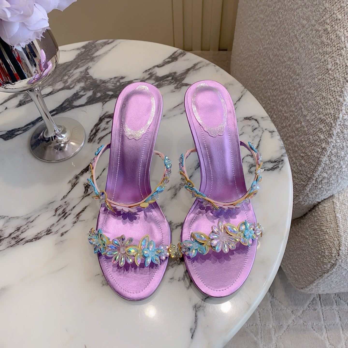 RENE CAOVILLA 26S HEEL SANDALS 65 MM IN METALLIC PURPLE LAMBSKIN CRYSTAL FLOWER EMBELLISHMENTS
