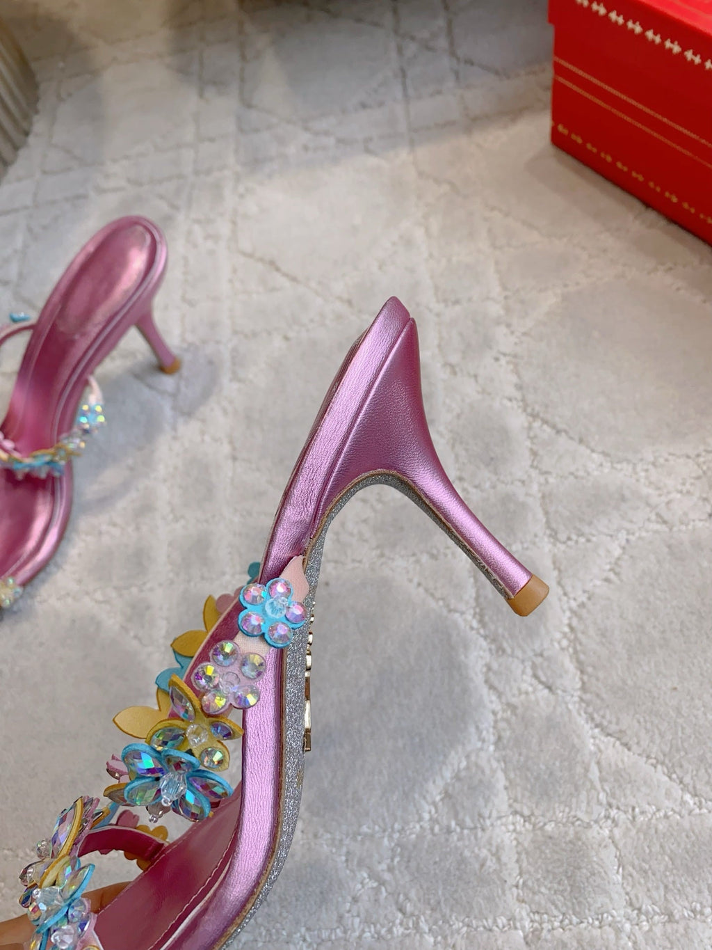 RENE CAOVILLA 26S HEEL SANDALS 65 MM IN METALLIC PINK LAMBSKIN CRYSTAL FLOWER EMBELLISHMENTS