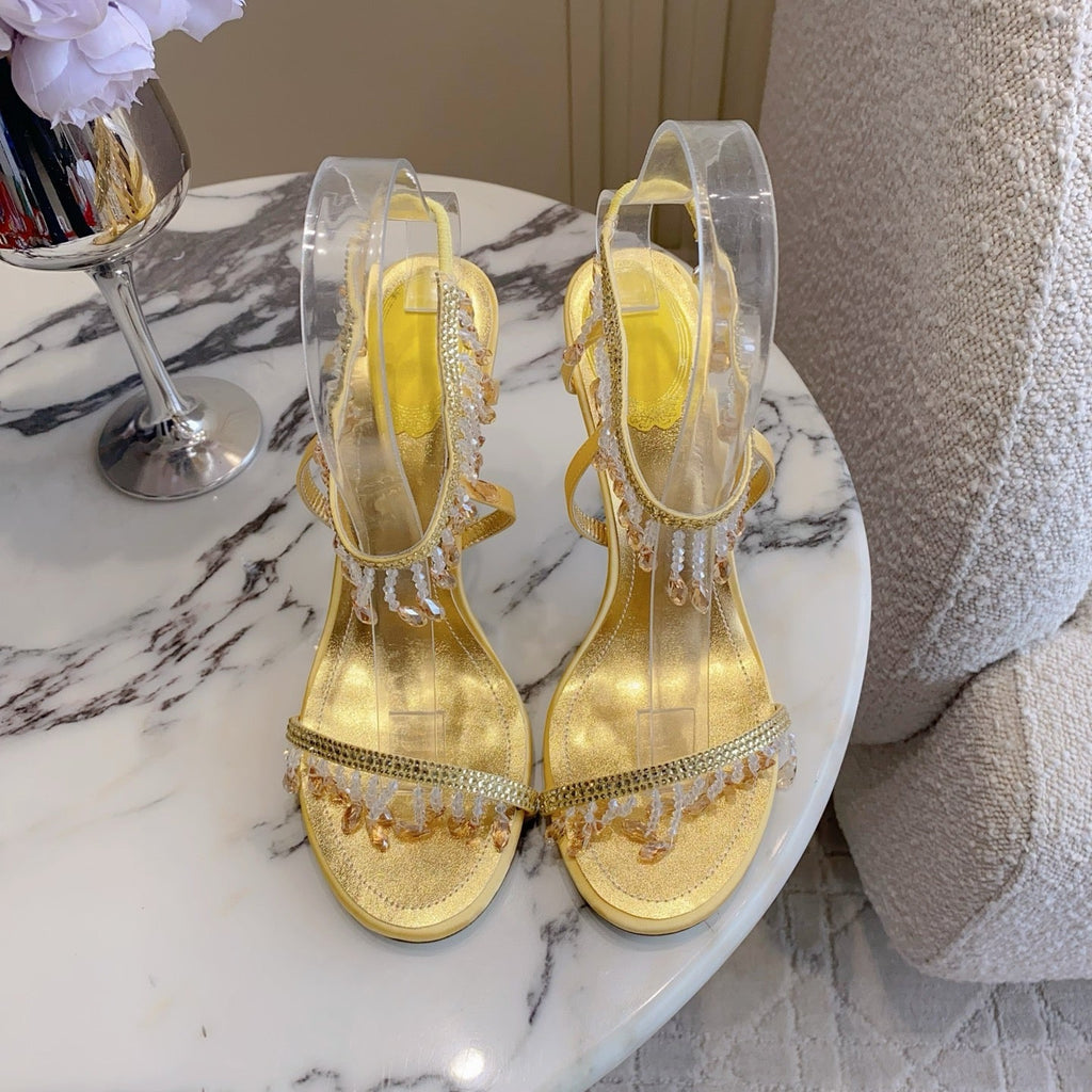 RENE CAOVILLA 26S CLEO HIGH HEELS SANDALS 95 MM IN GOLD LAMBSKIN STYLE 16