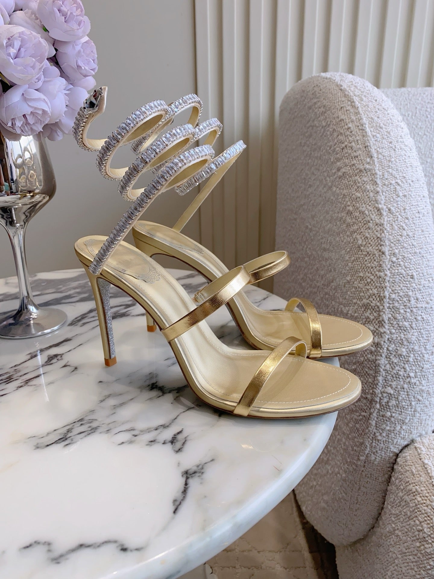 RENE CAOVILLA 26S CLEO HIGH HEELS SANDALS 95 MM IN GOLD LAMBSKIN STYLE 19
