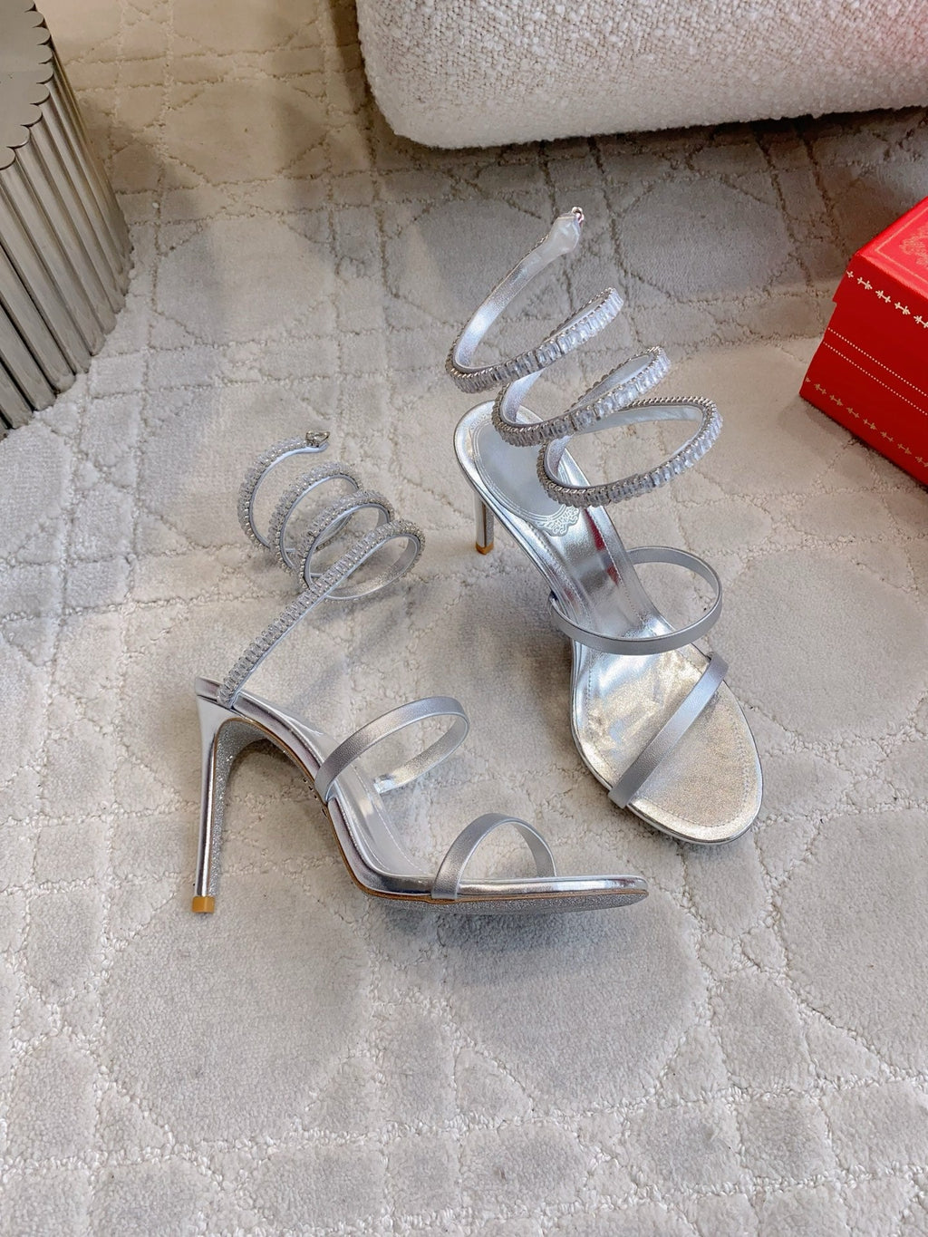 RENE CAOVILLA 26S CLEO HIGH HEELS SANDALS 95 MM IN SILVER LAMBSKIN STYLE 18