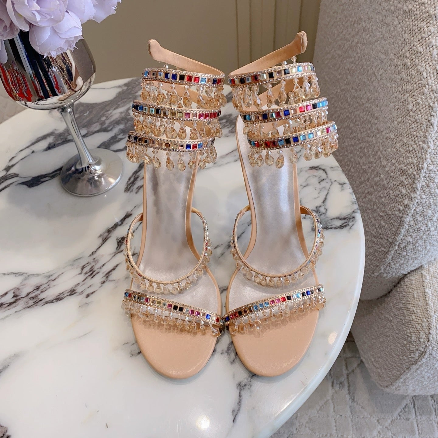 RENE CAOVILLA 26S CLEO HIGH HEELS SANDALS 95 MM IN BEIGE LAMBSKIN STYLE 17