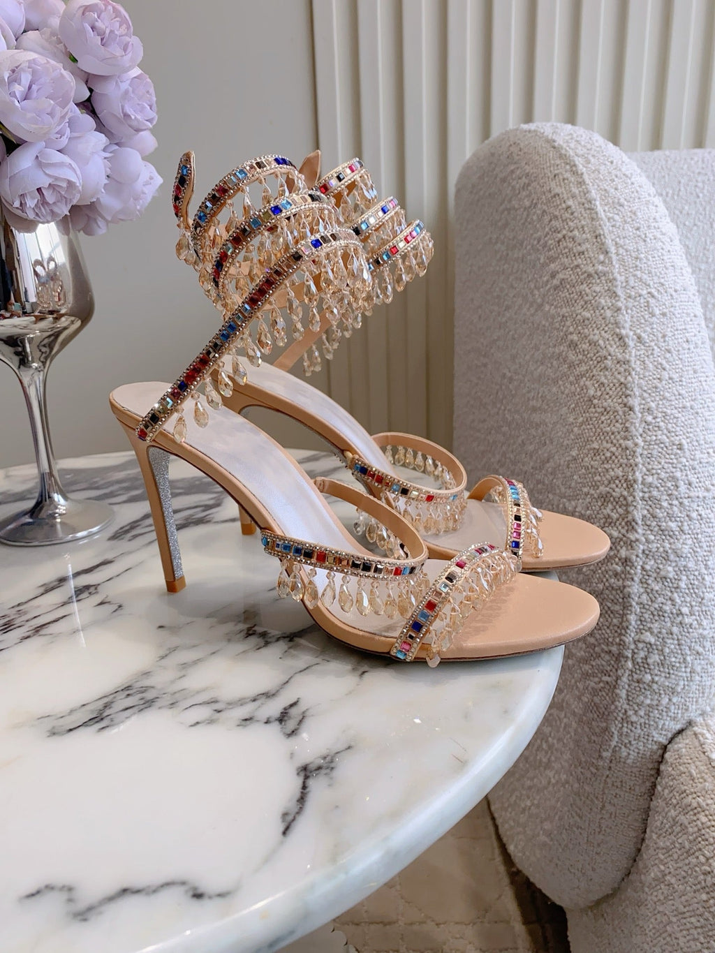 RENE CAOVILLA 26S CLEO HIGH HEELS SANDALS 95 MM IN BEIGE LAMBSKIN STYLE 17
