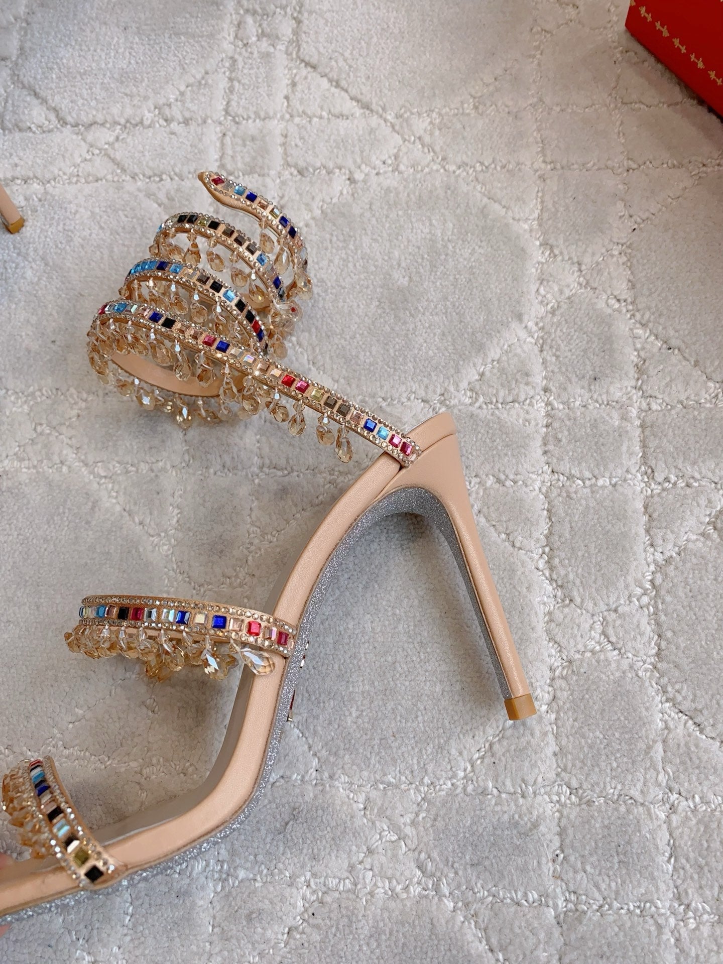 RENE CAOVILLA 26S CLEO HIGH HEELS SANDALS 95 MM IN BEIGE LAMBSKIN STYLE 17