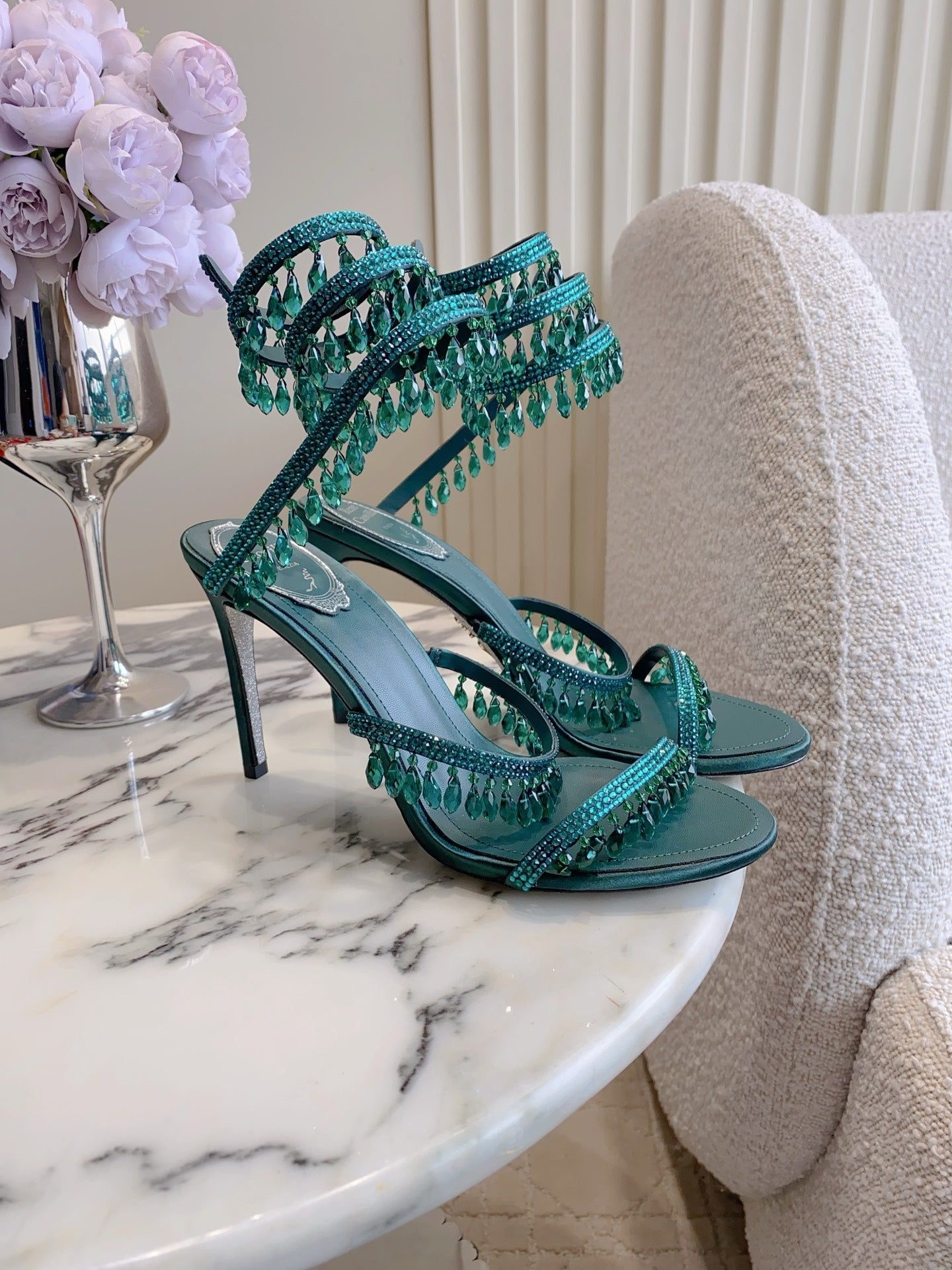 RENE CAOVILLA 26S CLEO HIGH HEELS SANDALS 95 MM IN DARK GREEN LAMBSKIN STYLE 15