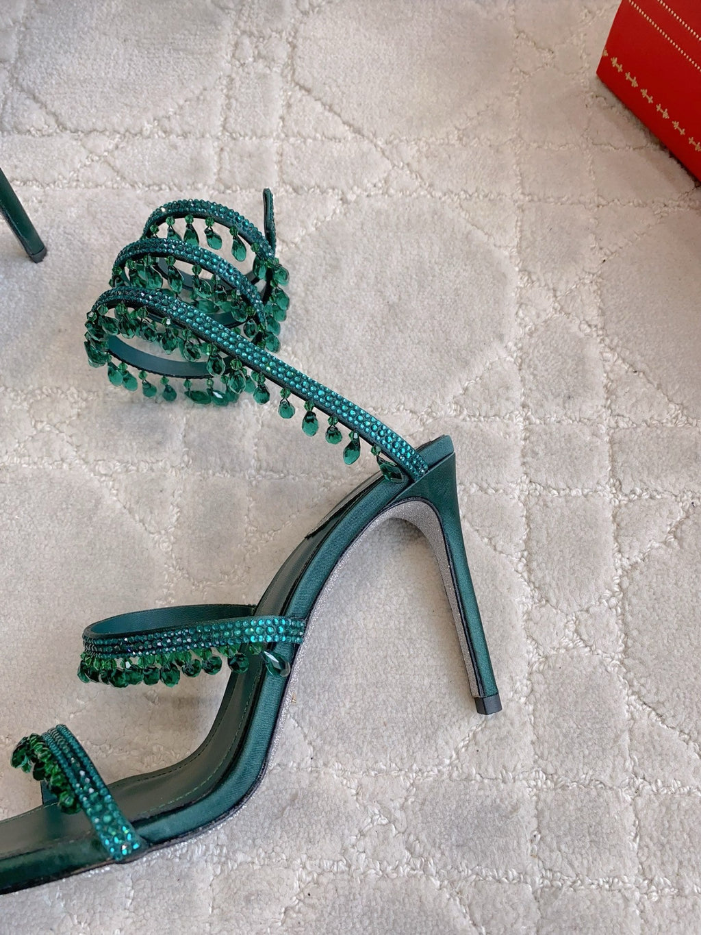 RENE CAOVILLA 26S CLEO HIGH HEELS SANDALS 95 MM IN DARK GREEN LAMBSKIN STYLE 15