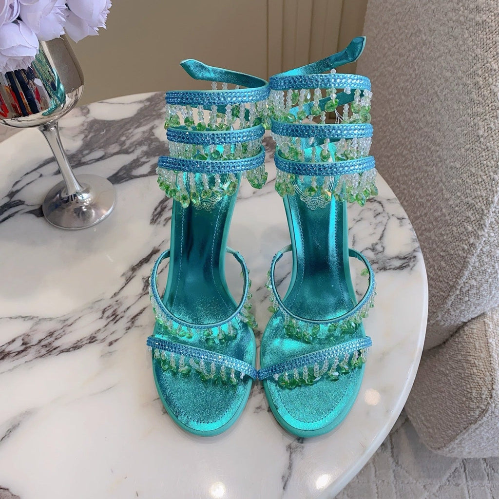 RENE CAOVILLA 26S CLEO HIGH HEELS SANDALS 95 MM IN AQUA BLUE METALLIC LAMBSKIN STYLE 9