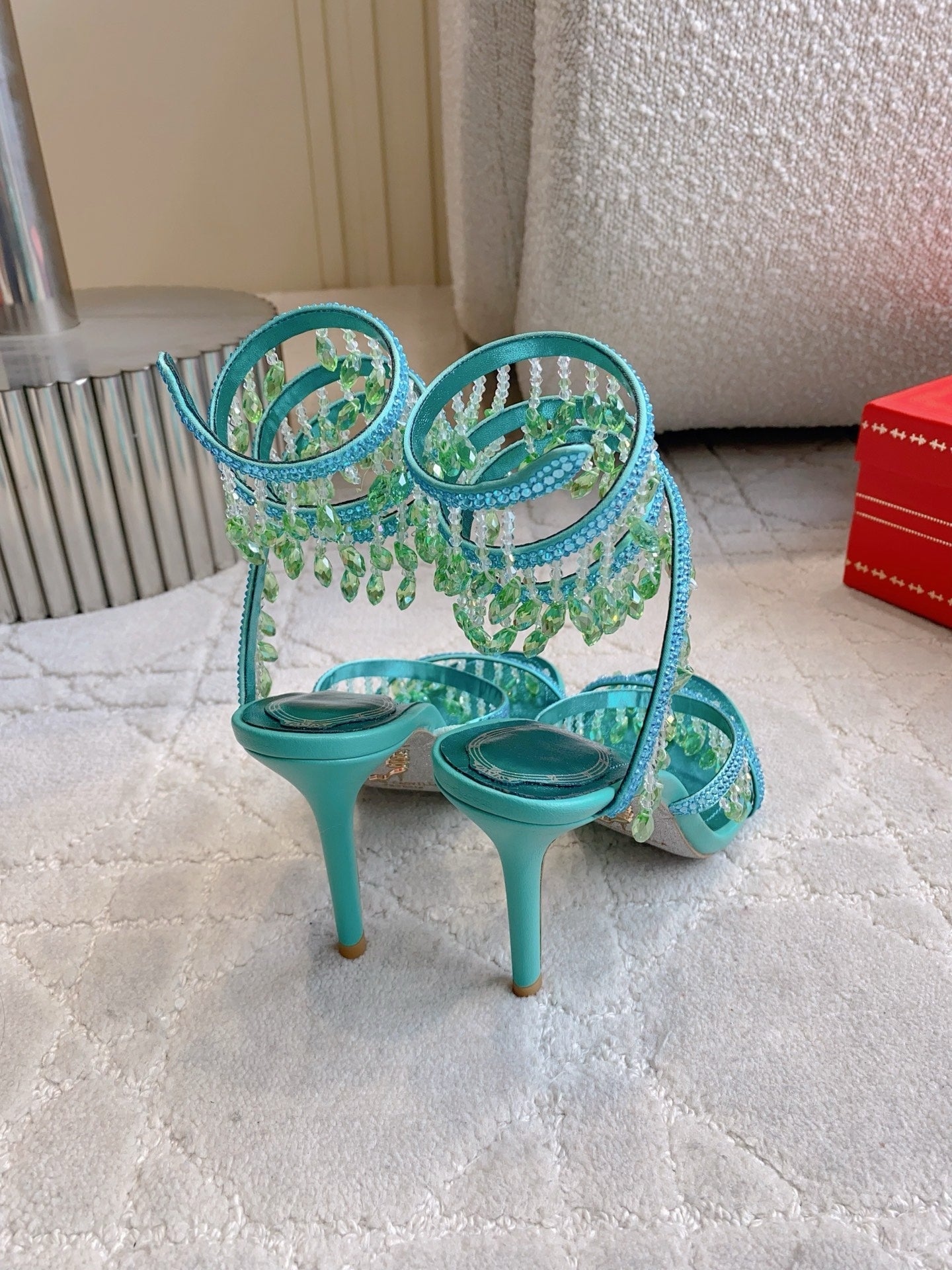 RENE CAOVILLA 26S CLEO HIGH HEELS SANDALS 95 MM IN AQUA BLUE METALLIC LAMBSKIN STYLE 9