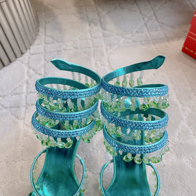 RENE CAOVILLA 26S CLEO HIGH HEELS SANDALS 95 MM IN AQUA BLUE METALLIC LAMBSKIN STYLE 9