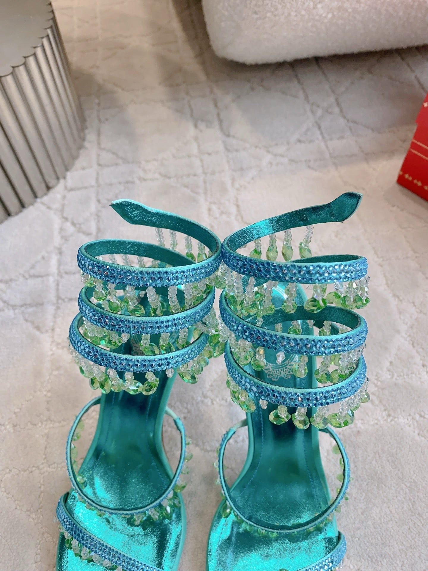 RENE CAOVILLA 26S CLEO HIGH HEELS SANDALS 95 MM IN AQUA BLUE METALLIC LAMBSKIN STYLE 9