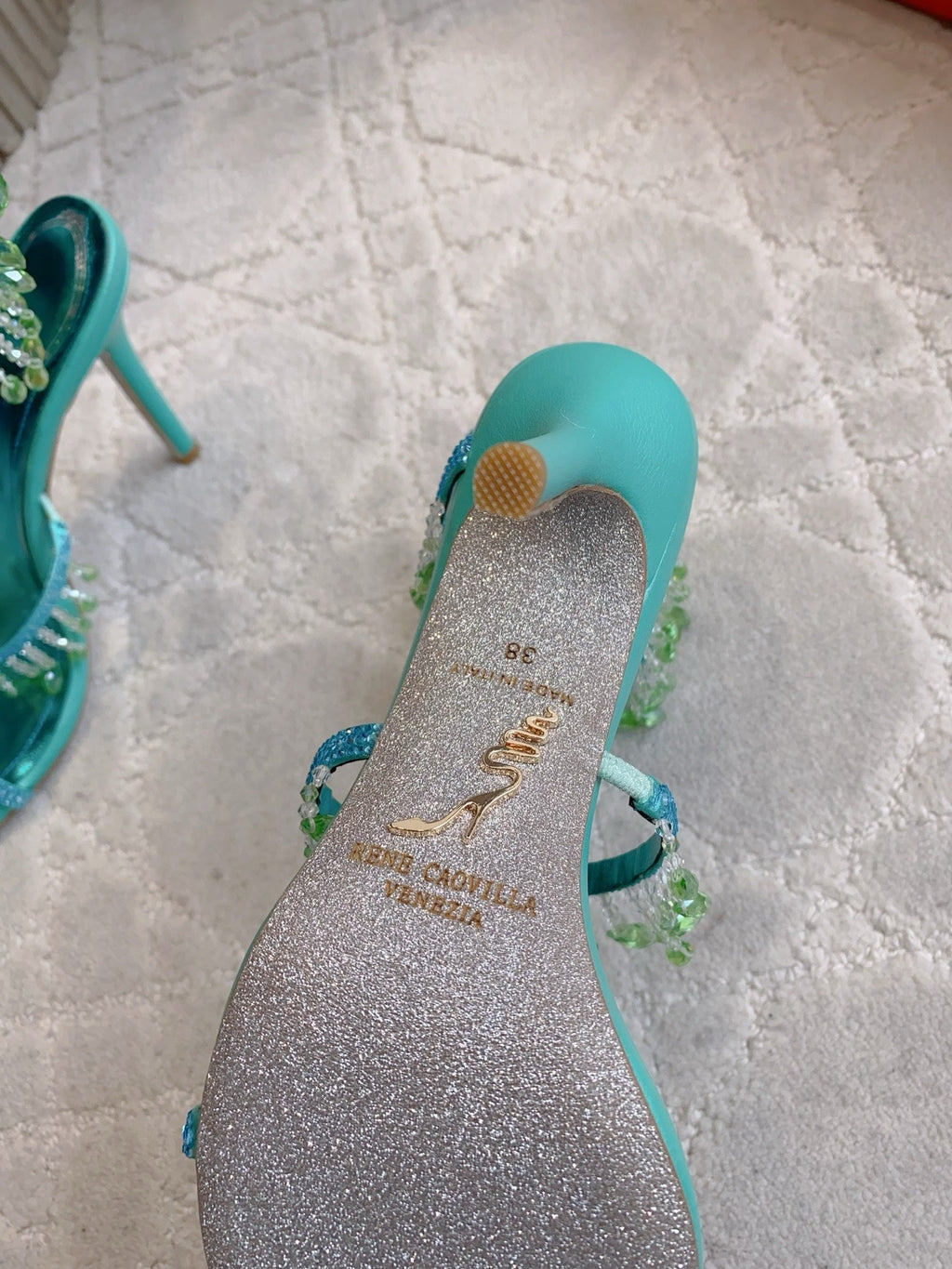 RENE CAOVILLA 26S CLEO HIGH HEELS SANDALS 95 MM IN AQUA BLUE METALLIC LAMBSKIN STYLE 9