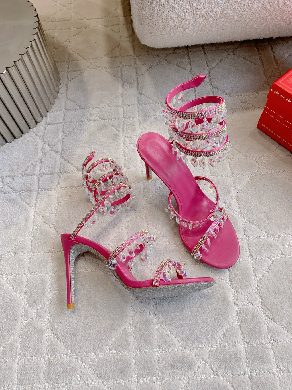 RENE CAOVILLA 26S CLEO HIGH HEELS SANDALS 95 MM IN PINK LAMBSKIN STYLE 14