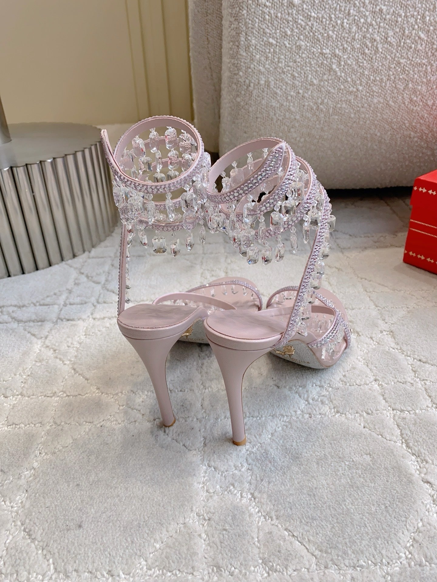 RENE CAOVILLA 26S CLEO HIGH HEELS SANDALS 95 MM IN LIGHT PINK LAMBSKIN STYLE 13