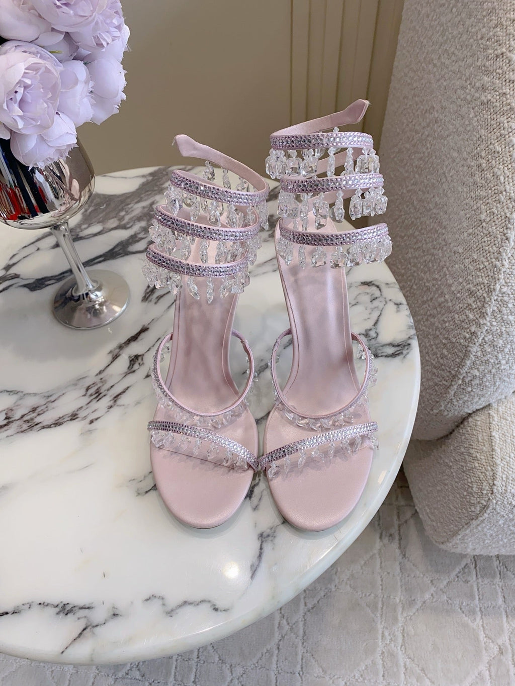 RENE CAOVILLA 26S CLEO HIGH HEELS SANDALS 95 MM IN LIGHT PINK LAMBSKIN STYLE 13