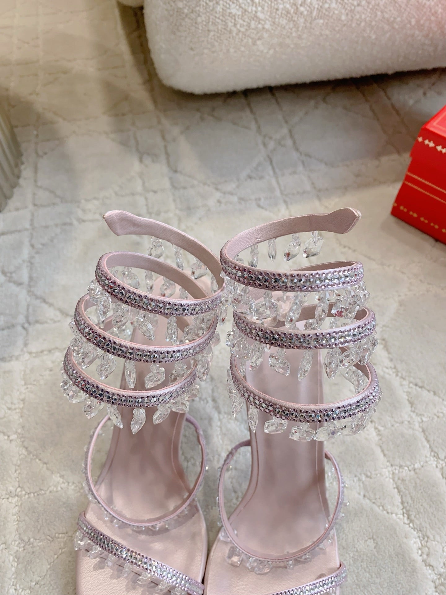 RENE CAOVILLA 26S CLEO HIGH HEELS SANDALS 95 MM IN LIGHT PINK LAMBSKIN STYLE 13