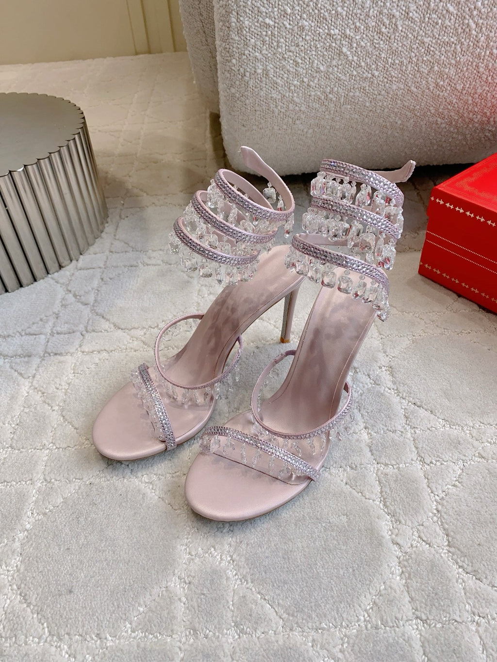 RENE CAOVILLA 26S CLEO HIGH HEELS SANDALS 95 MM IN LIGHT PINK LAMBSKIN STYLE 13