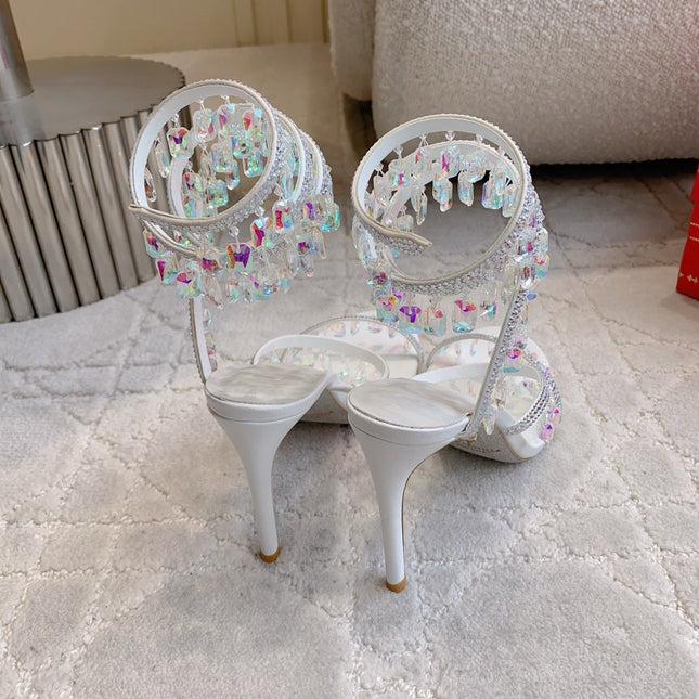 RENE CAOVILLA 26S CLEO HIGH HEELS SANDALS 95 MM IN WHITE LAMBSKIN STYLE 10