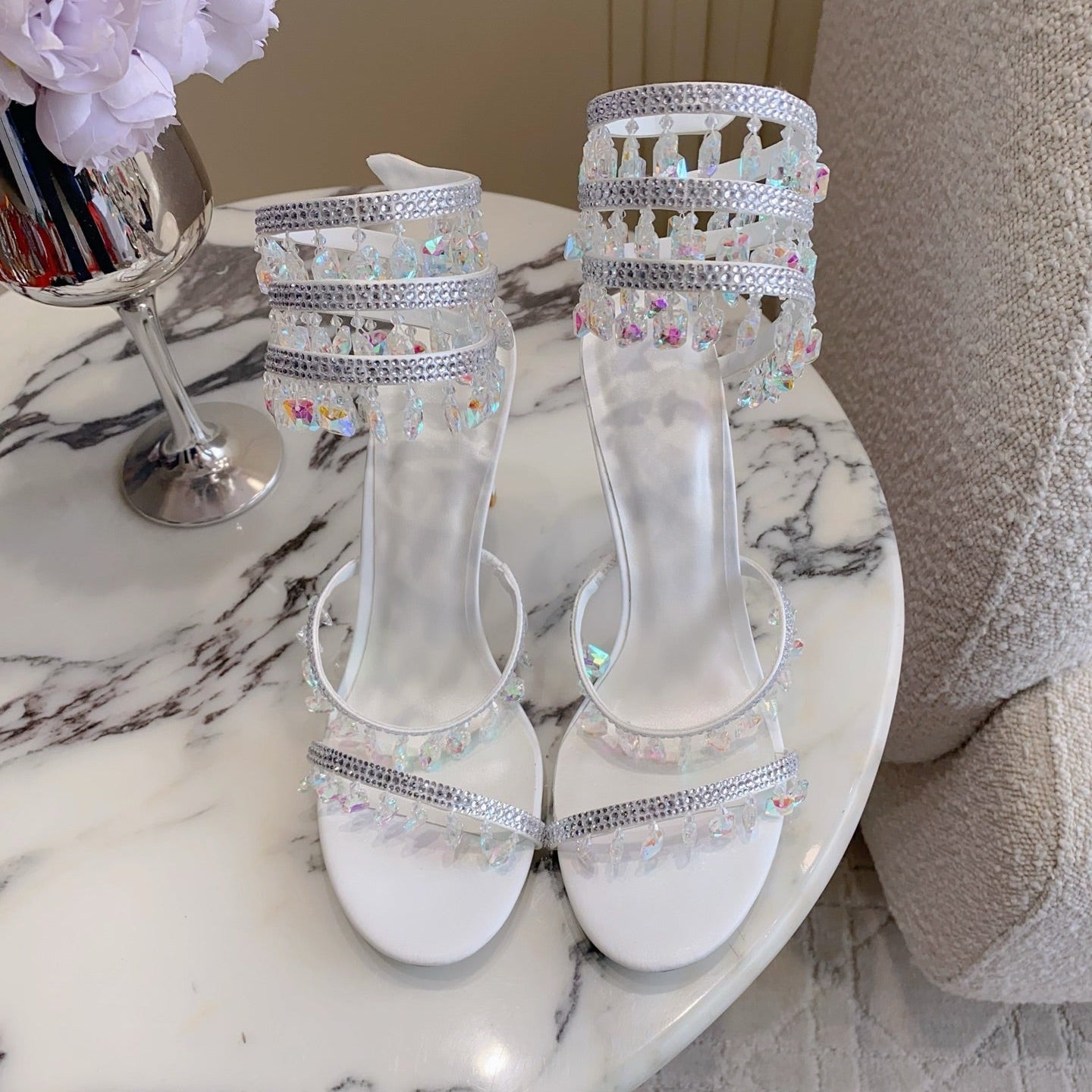 RENE CAOVILLA 26S CLEO HIGH HEELS SANDALS 95 MM IN WHITE LAMBSKIN STYLE 10
