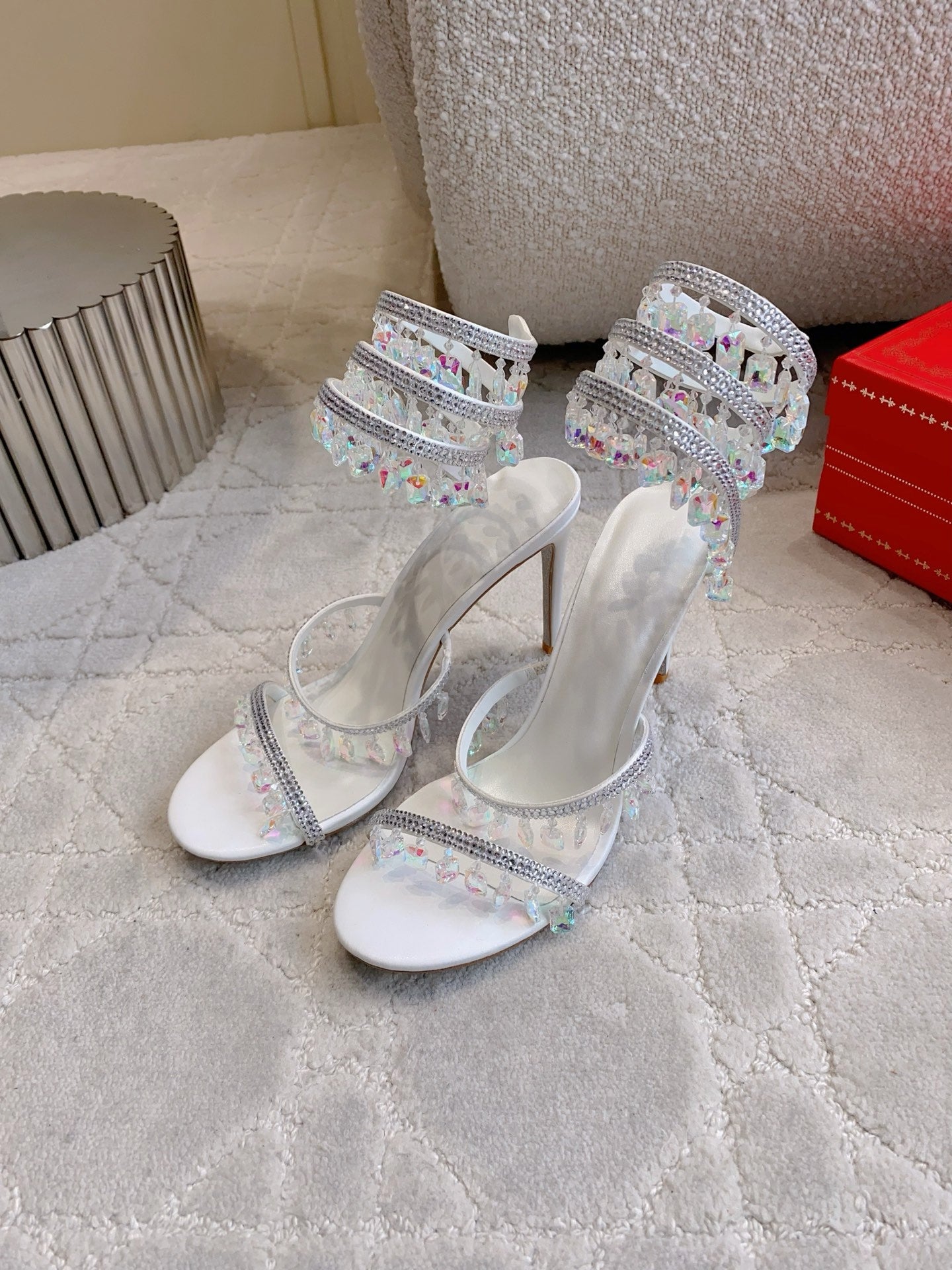 RENE CAOVILLA 26S CLEO HIGH HEELS SANDALS 95 MM IN WHITE LAMBSKIN STYLE 10