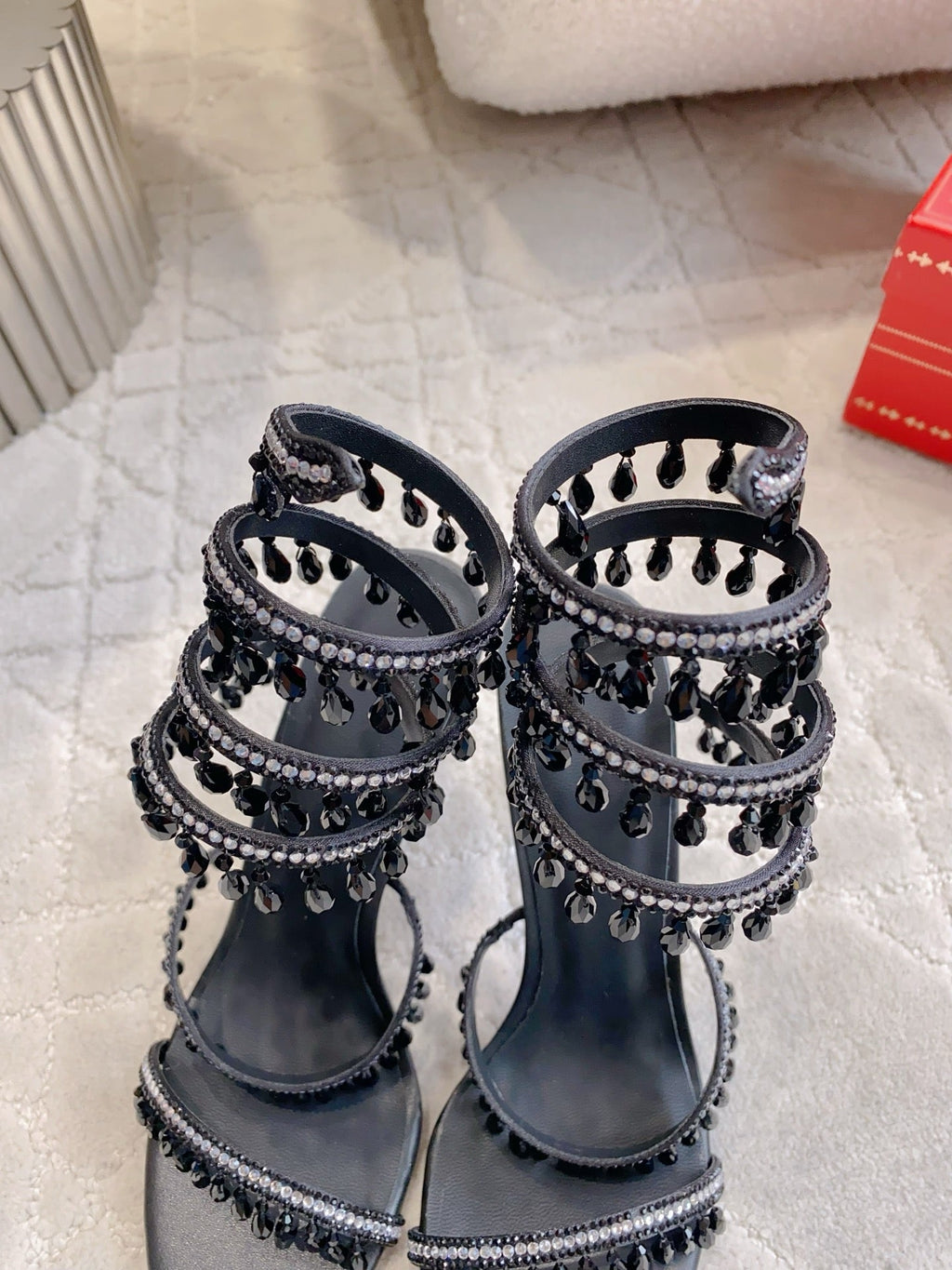 RENE CAOVILLA 26S CLEO HIGH HEELS SANDALS 95 MM IN BLACK LAMBSKIN STYLE 8