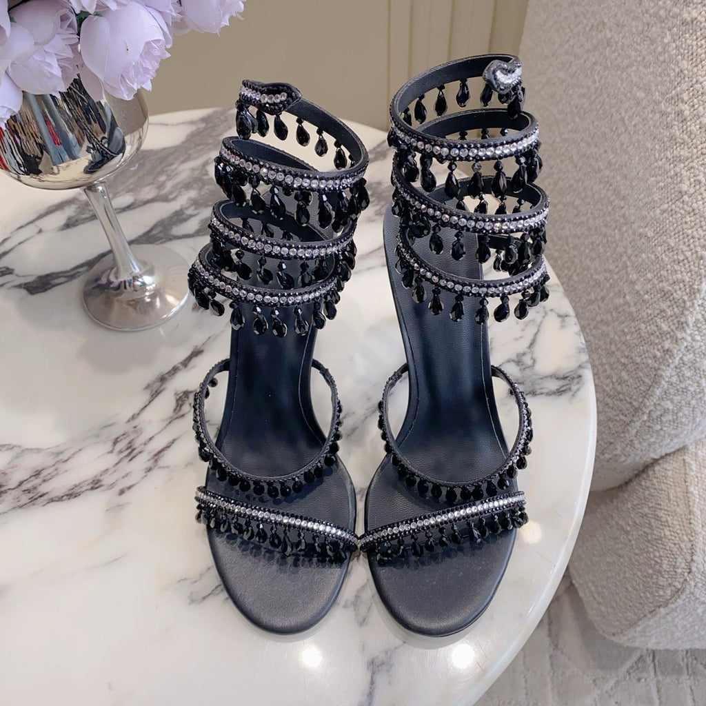 RENE CAOVILLA 26S CLEO HIGH HEELS SANDALS 95 MM IN BLACK LAMBSKIN STYLE 8