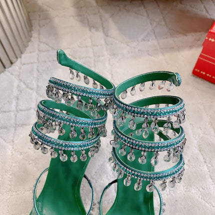 RENE CAOVILLA 26S CLEO HIGH HEELS SANDALS 95 MM IN GREEN LAMBSKIN