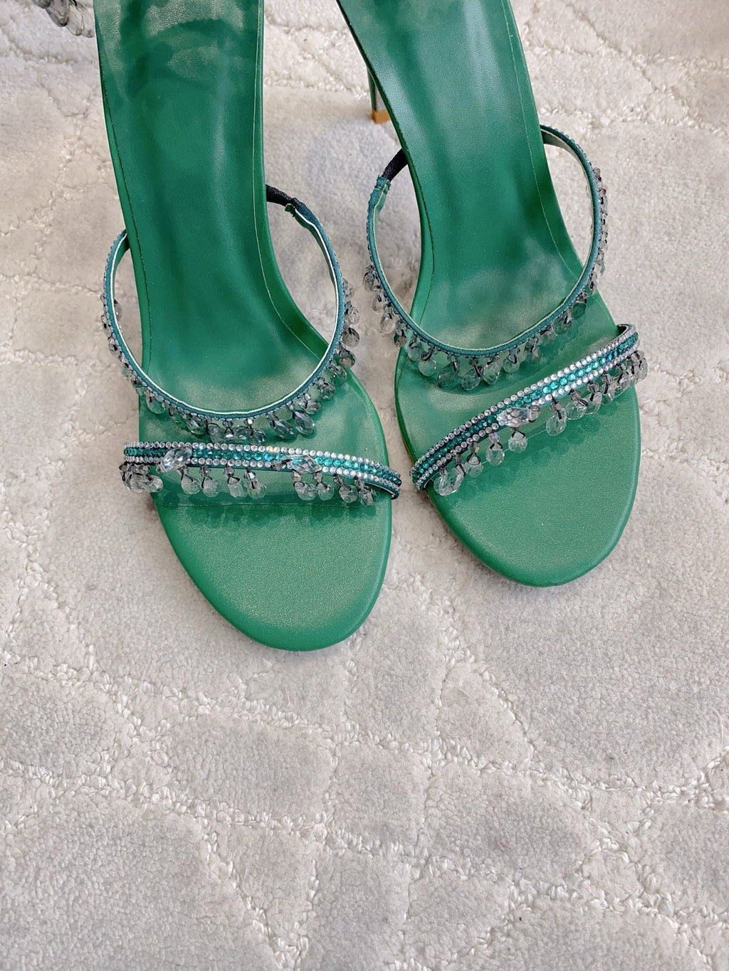 RENE CAOVILLA 26S CLEO HIGH HEELS SANDALS 95 MM IN GREEN LAMBSKIN