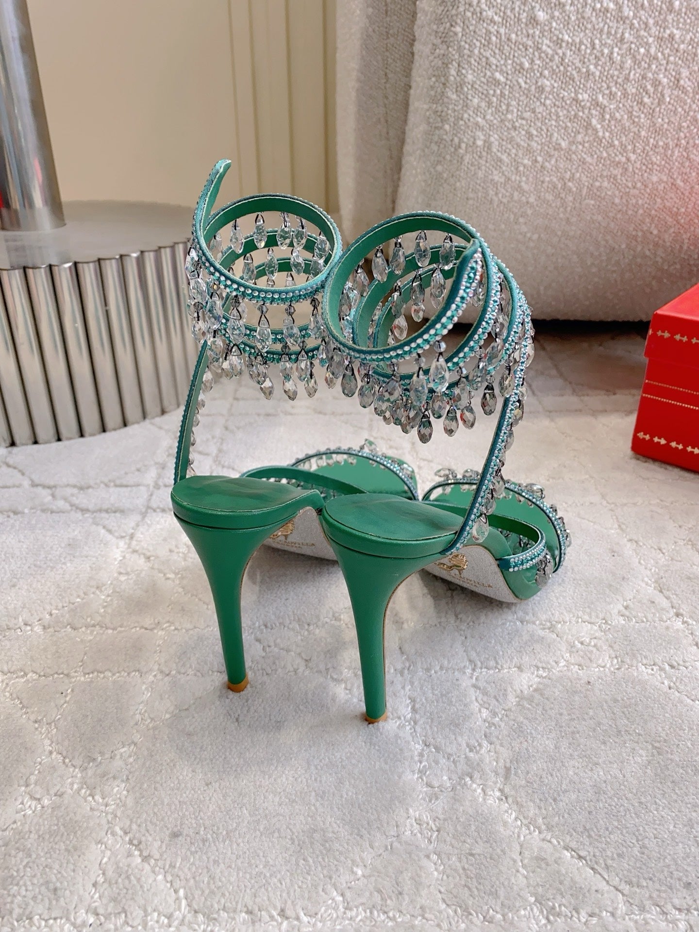 RENE CAOVILLA 26S CLEO HIGH HEELS SANDALS 95 MM IN GREEN LAMBSKIN