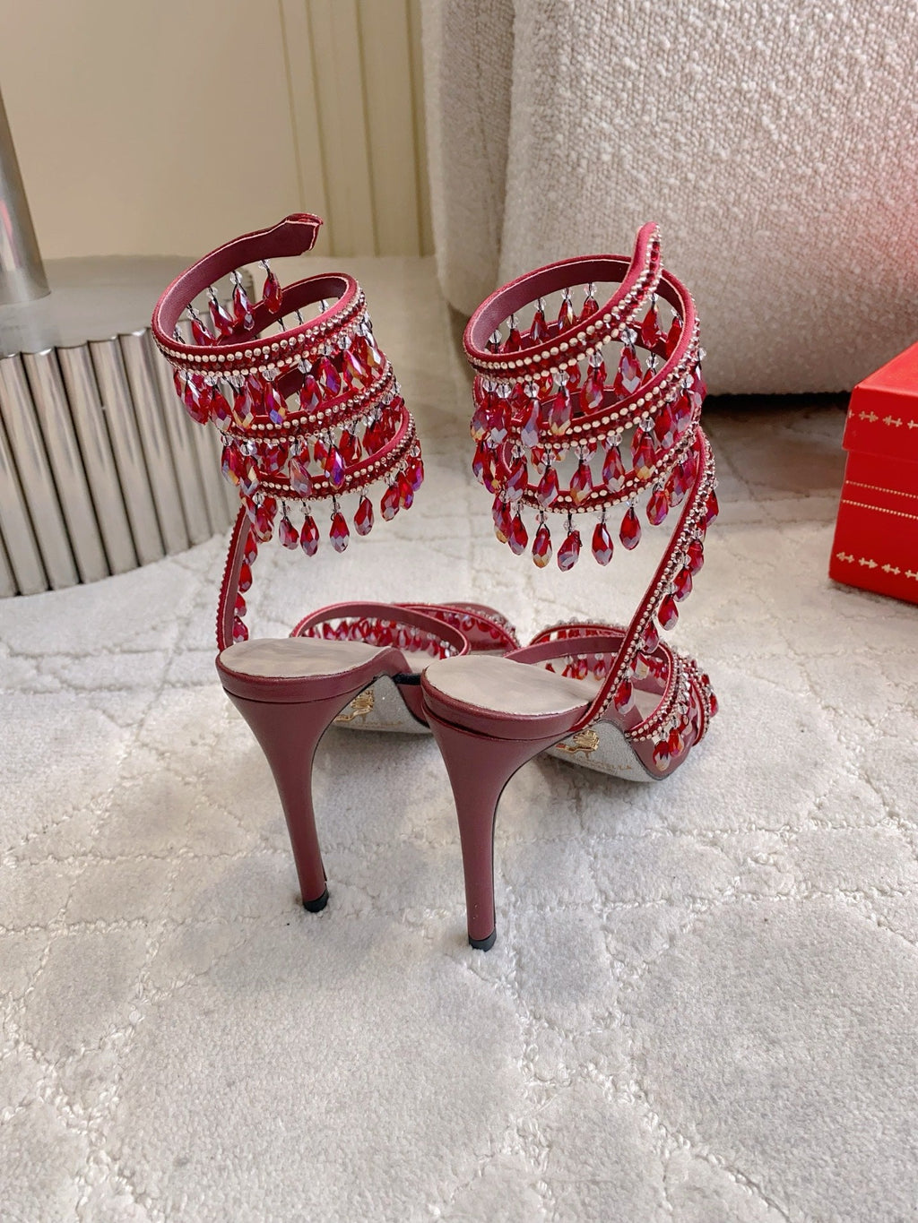 RENE CAOVILLA 26S CLEO HIGH HEELS SANDALS 95 MM IN DARK RED LAMBSKIN STYLE 12