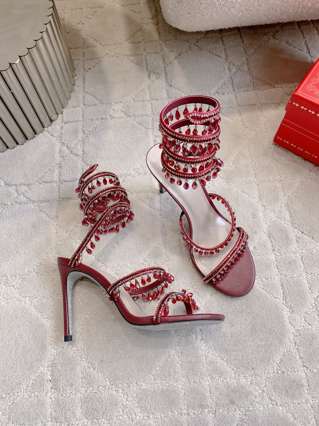 RENE CAOVILLA 26S CLEO HIGH HEELS SANDALS 95 MM IN DARK RED LAMBSKIN STYLE 12