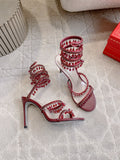 RENE CAOVILLA 26S CLEO HIGH HEELS SANDALS 95 MM IN DARK RED LAMBSKIN STYLE 12