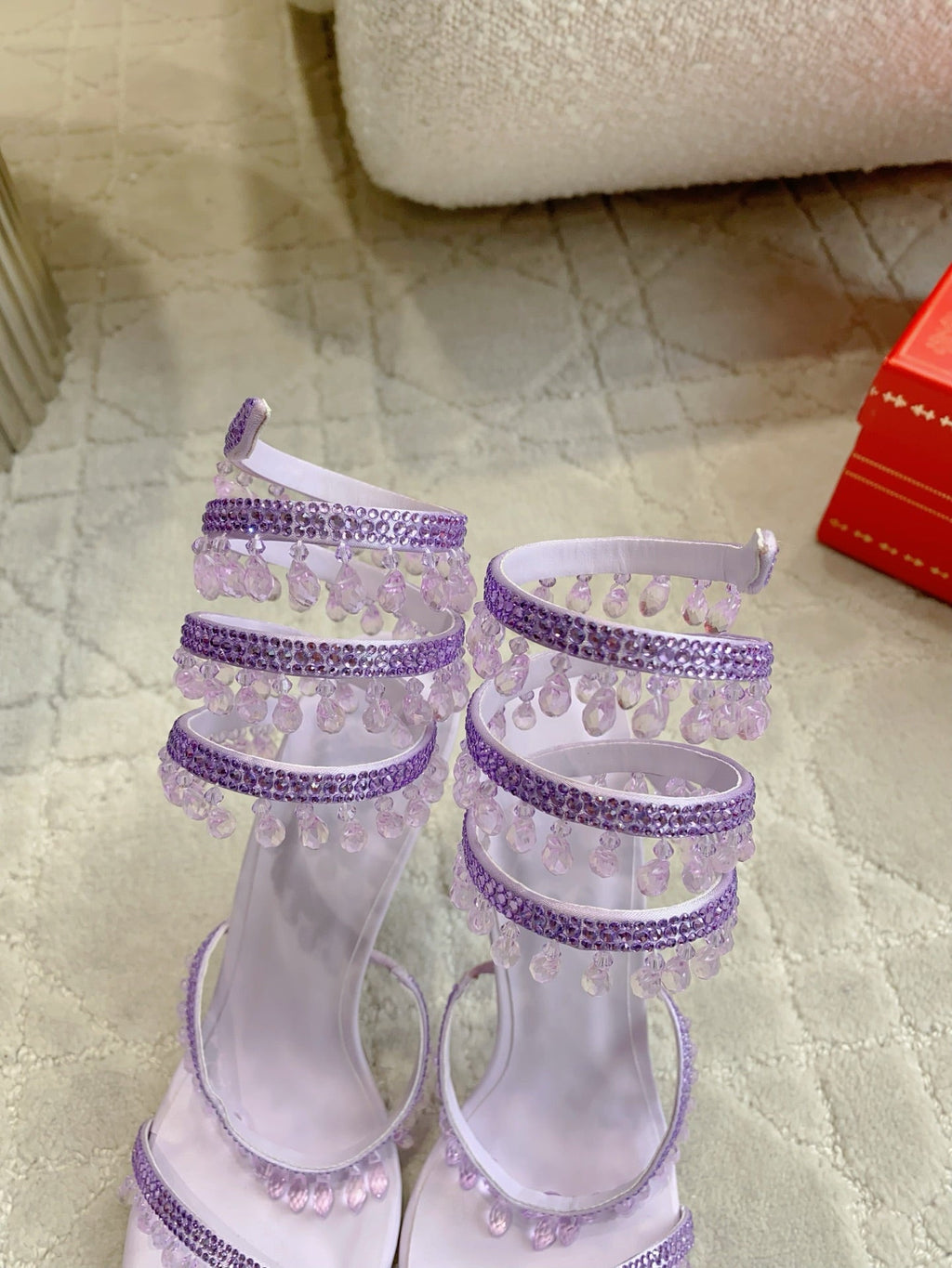 RENE CAOVILLA 26S CLEO HIGH HEELS SANDALS 95 MM IN LIGHT PURPLE LAMBSKIN STYLE 11