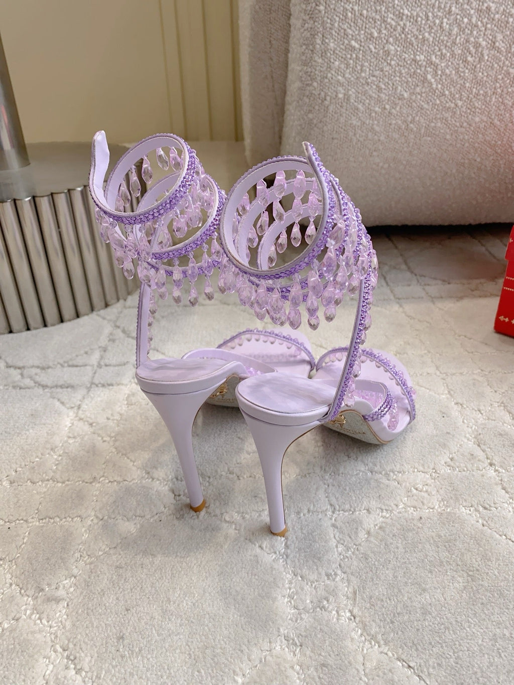 RENE CAOVILLA 26S CLEO HIGH HEELS SANDALS 95 MM IN LIGHT PURPLE LAMBSKIN STYLE 11
