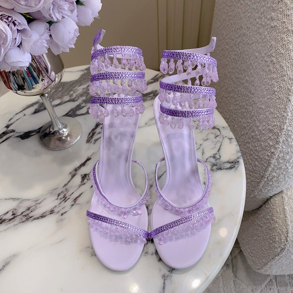 RENE CAOVILLA 26S CLEO HIGH HEELS SANDALS 95 MM IN LIGHT PURPLE LAMBSKIN STYLE 11