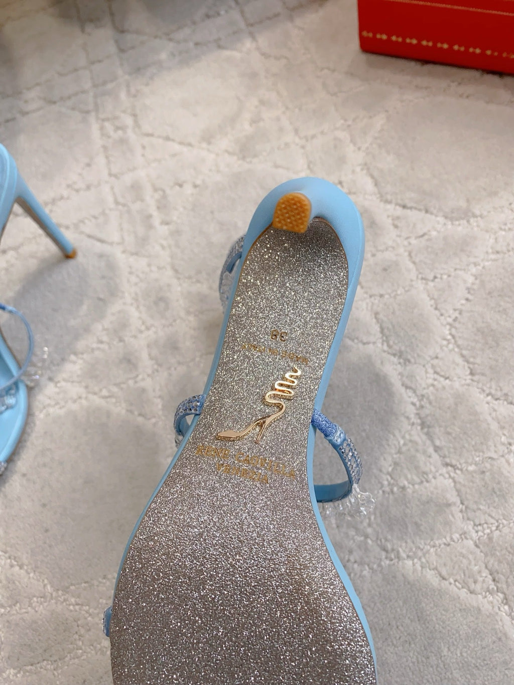 RENE CAOVILLA 26S CLEO HIGH HEELS SANDALS 95 MM IN LIGHT BLUE LAMBSKIN