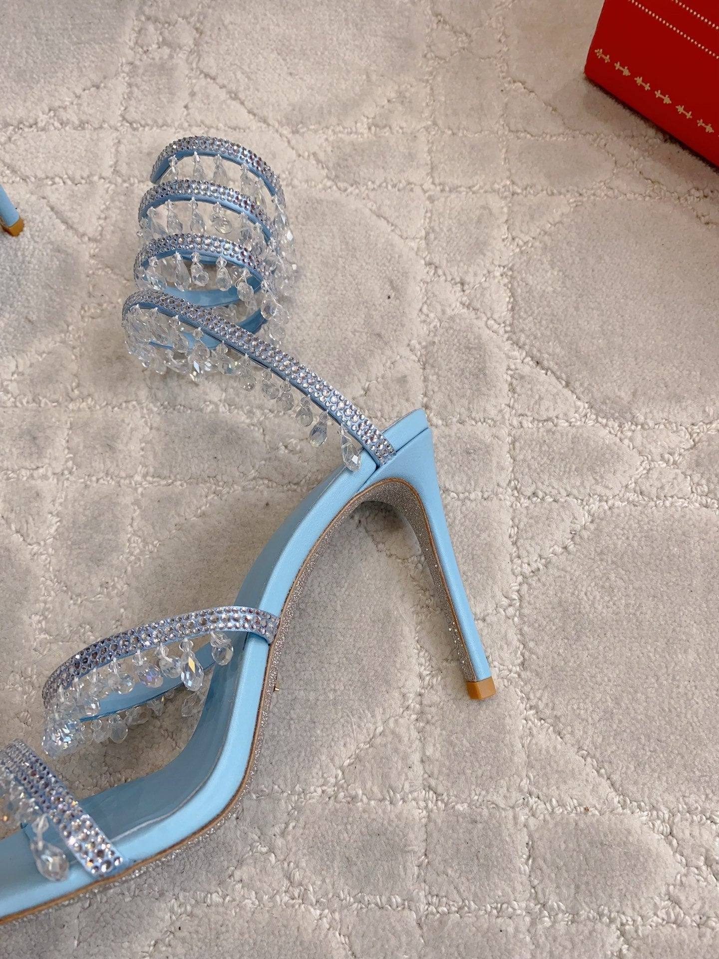 RENE CAOVILLA 26S CLEO HIGH HEELS SANDALS 95 MM IN LIGHT BLUE LAMBSKIN