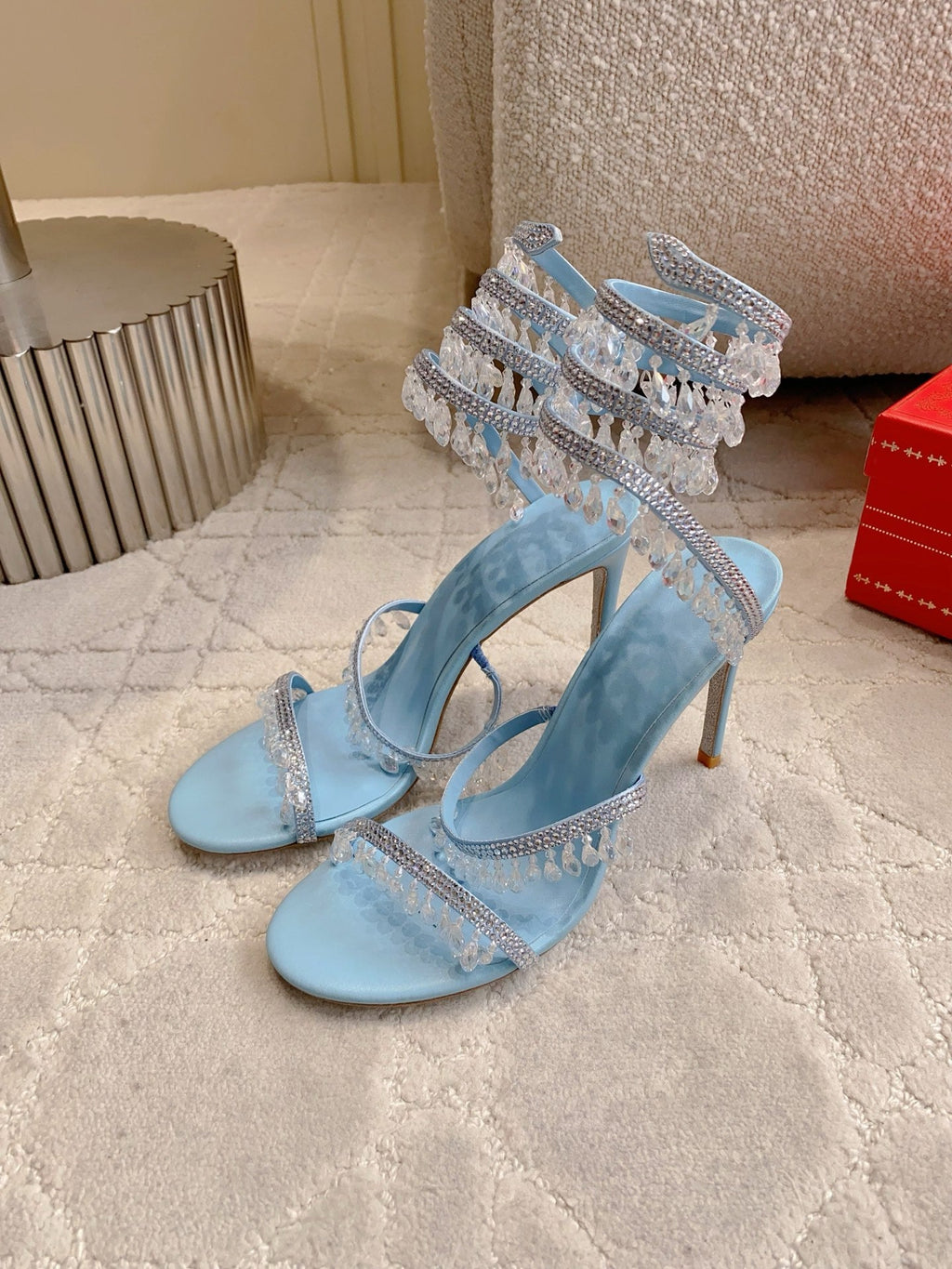 RENE CAOVILLA 26S CLEO HIGH HEELS SANDALS 95 MM IN LIGHT BLUE LAMBSKIN