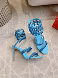 RENE CAOVILLA 26S CLEO HIGH HEELS SANDALS 95 MM IN BLUE LAMBSKIN