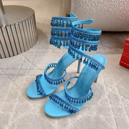 RENE CAOVILLA 26S CLEO HIGH HEELS SANDALS 95 MM IN BLUE LAMBSKIN