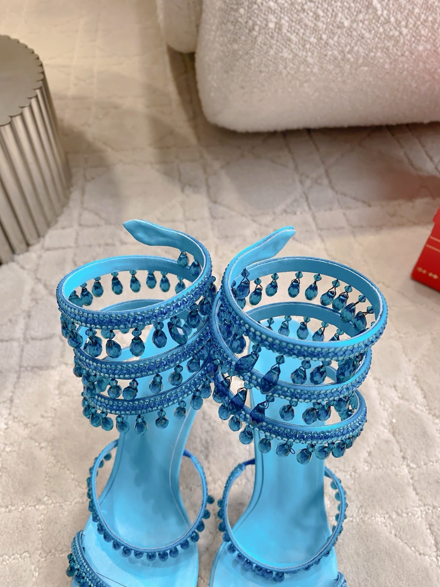 RENE CAOVILLA 26S CLEO HIGH HEELS SANDALS 95 MM IN BLUE LAMBSKIN