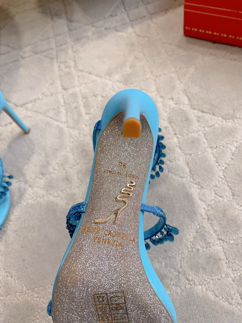 RENE CAOVILLA 26S CLEO HIGH HEELS SANDALS 95 MM IN BLUE LAMBSKIN