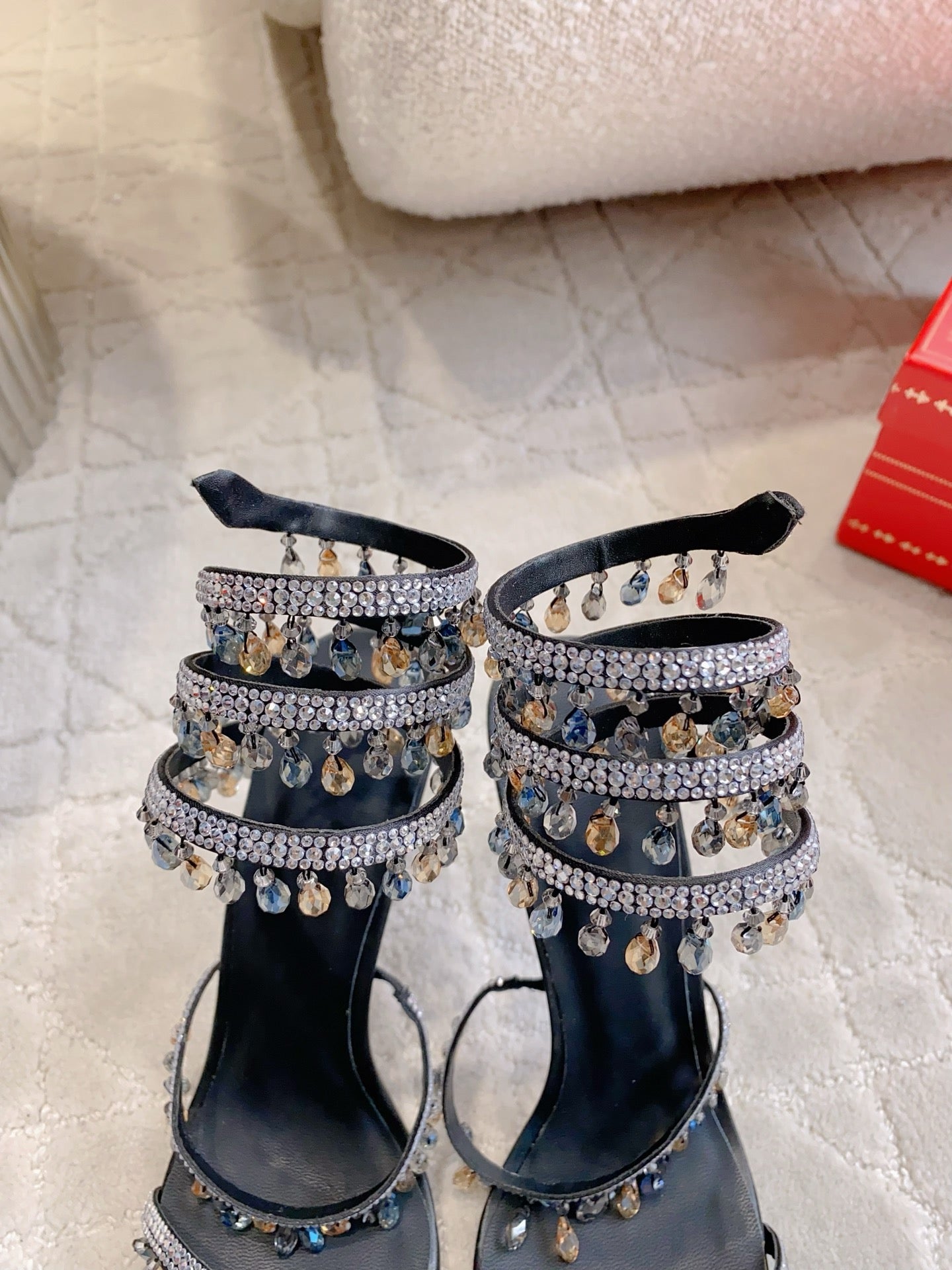 RENE CAOVILLA 26S CLEO HIGH HEELS SANDALS 95 MM IN BLACK LAMBSKIN STYLE 6