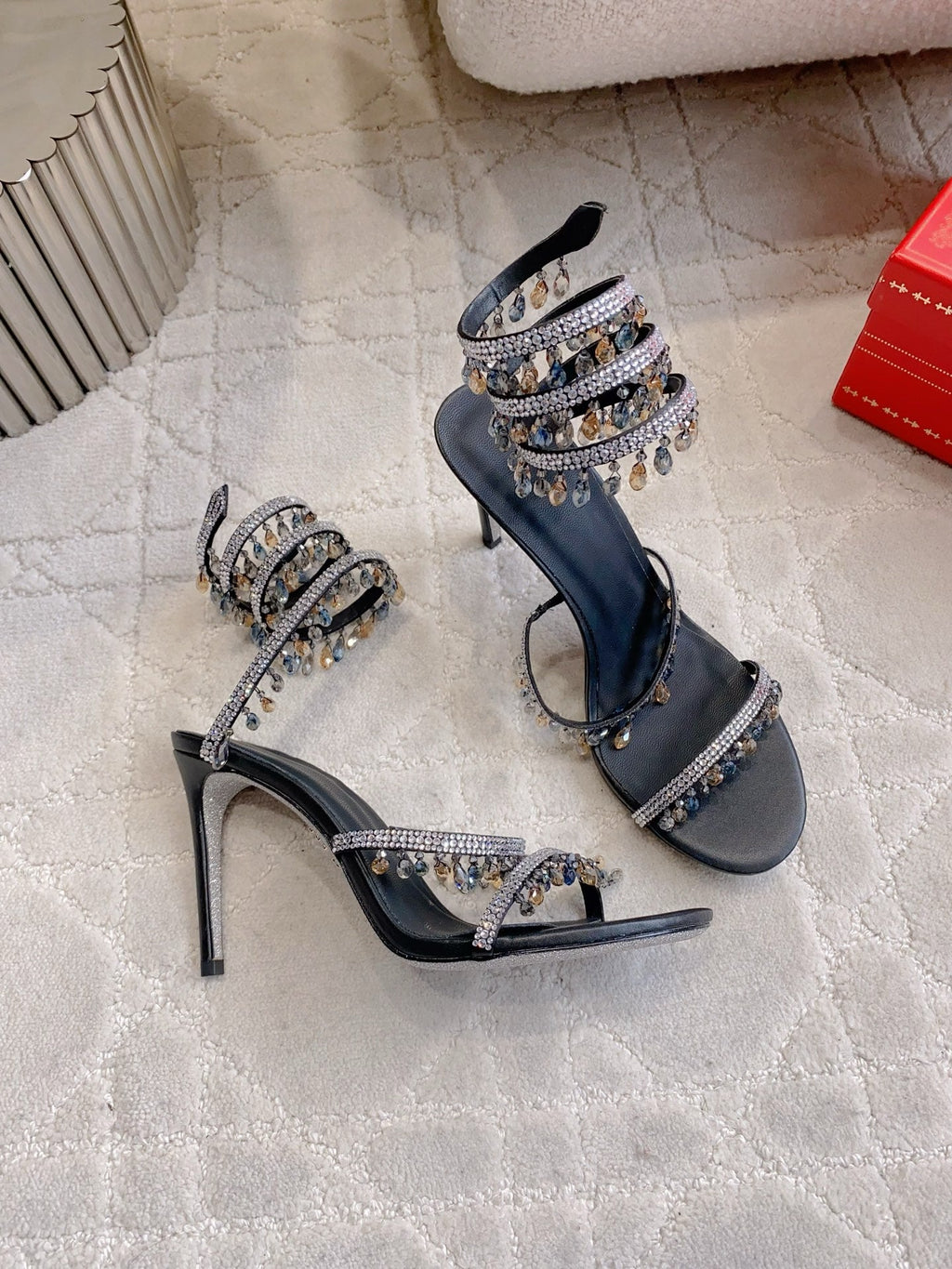 RENE CAOVILLA 26S CLEO HIGH HEELS SANDALS 95 MM IN BLACK LAMBSKIN STYLE 6