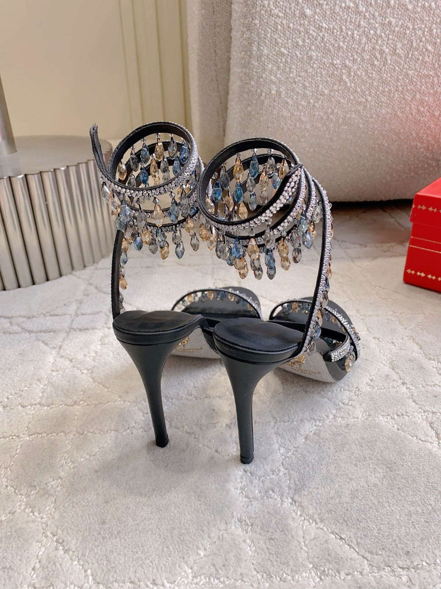 RENE CAOVILLA 26S CLEO HIGH HEELS SANDALS 95 MM IN BLACK LAMBSKIN STYLE 6